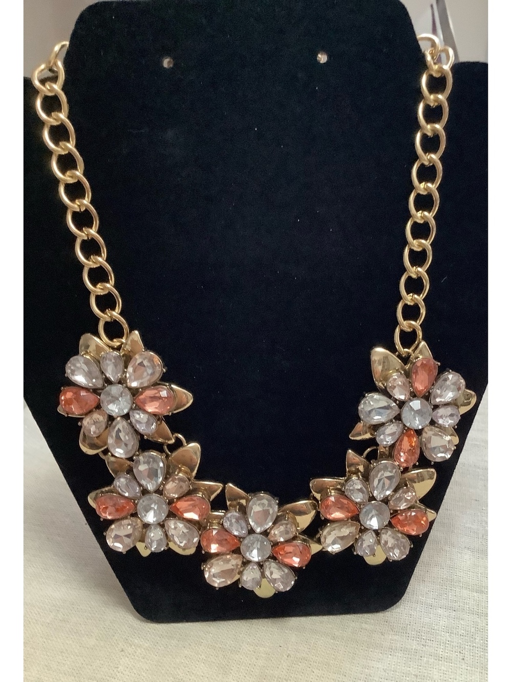 SUGARFIX by BaubleBar Floral Statement Necklace Pink Peach Rhinestone Gold Tone